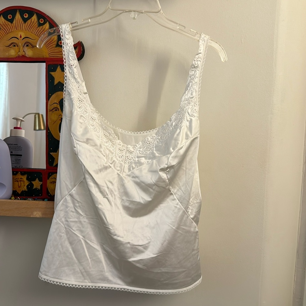Vanity, fair, white lacy, tank top adjustable straps